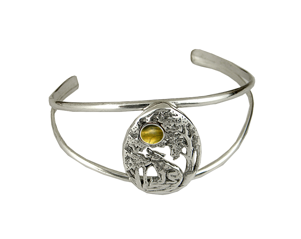 Sterling Silver Howling Wolf Cuff Bracelet With Citrine